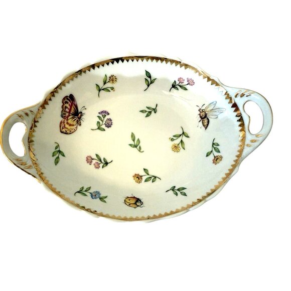 Godinger Primavera Pattern Serving Dish Butterfly Bee Ladybug Gold Plated 7" - Picture 1 of 10